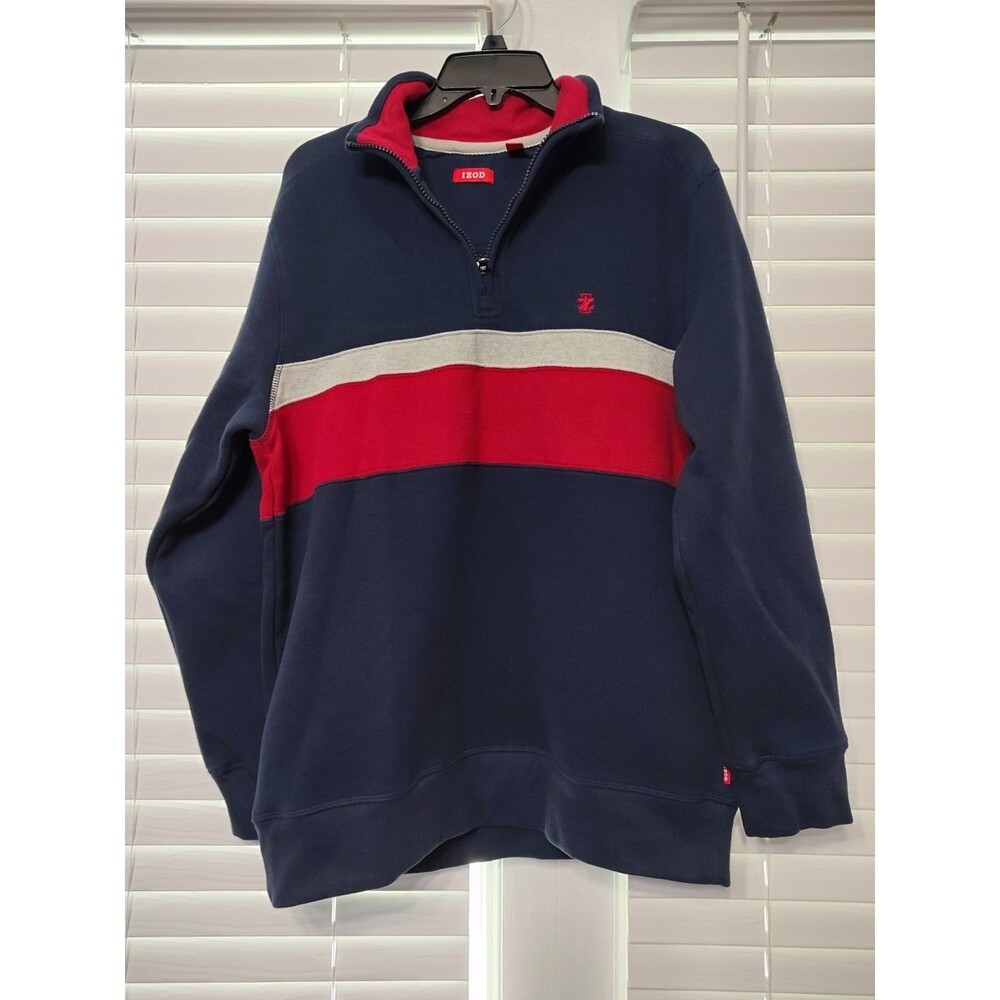 IZOD Men's 1/4 Zip Sweater Size Med Navy Red Fleece Pullover Sueded Fleece